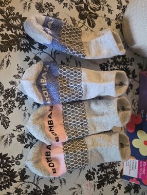 Bombas Heather Gray Crew Socks with Pink & Blue Accents